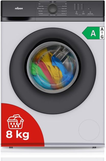Nilson Lavadora Carga Frontal NL8200AI 8Kg 1600W 1200rpm - Motor Inverter, 11 Programas, Stop&Go, Tambor Diamante, Clase A, Blanca-Cottauphut