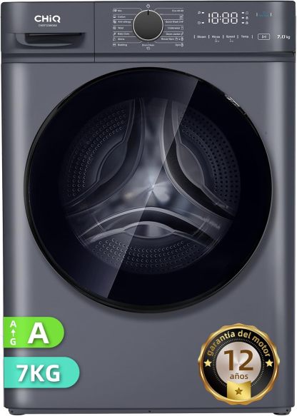 CHiQ CW07123863AX Lavadora 7Kg Carga Frontal Clase A - Motor Inverter BLDC 1200RPM, Vapor, 15 Programas, Lavado Rápido 15 Min, Gris Azulado-Cottauphut
