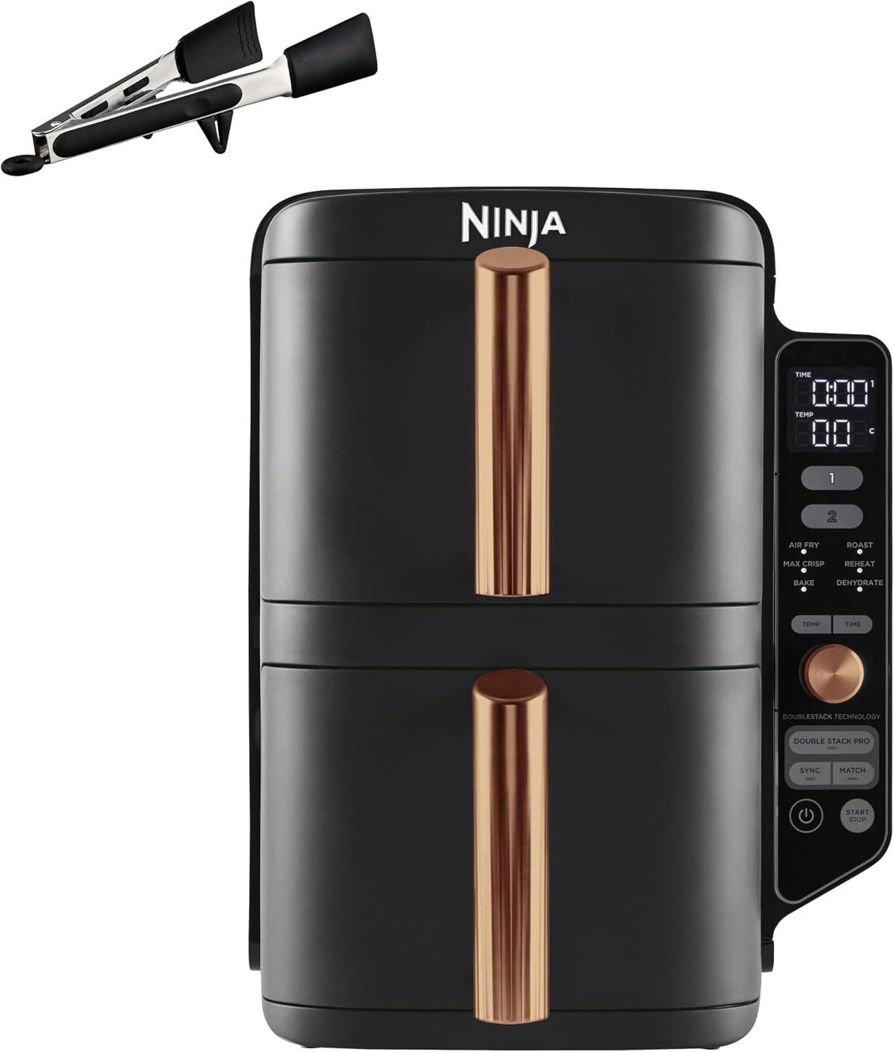 Ninja Double Stack XL Freidora de Aire 9,5L, Doble Cajón Vertical, 4 Niveles de Cocción, 6 Funciones, 2 Rejillas, Diseño Ahorro de Espacio, 8 Porciones, Negro/Cobre-Cottauphut