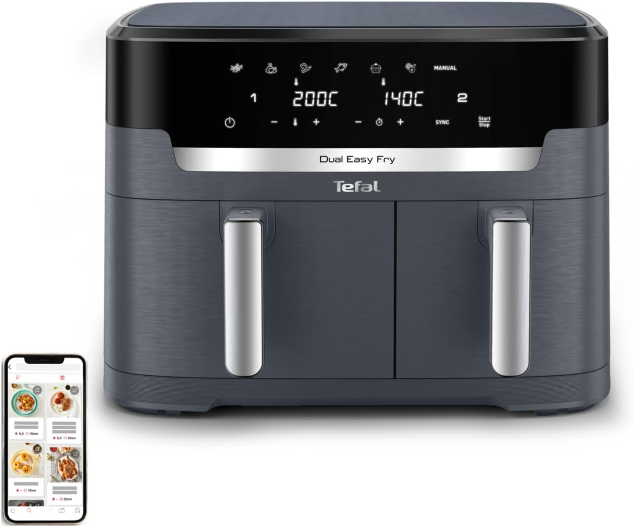 Tefal Dual Easy Fry EY942BE0 – Freidora de Aire Caliente, Doble Cámara, 11L (6,5L y 4,5L), 7 Programas Automáticos, 99% Menos de Grasa, Gris, Botón Pulsador, Revestimiento Antiadherente, Ajuste de Temperatura 80-200°C, 2700W-Cottauphut