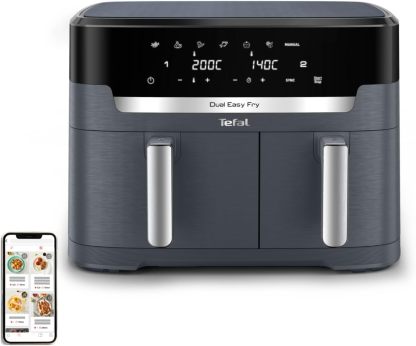 Tefal Dual Easy Fry EY942BE0 – Freidora de Aire Caliente, Doble Cámara, 11L (6,5L y 4,5L), 7 Programas Automáticos, 99% Menos de Grasa, Gris, Botón Pulsador, Revestimiento Antiadherente, Ajuste de Temperatura 80-200°C, 2700W-Cottauphut