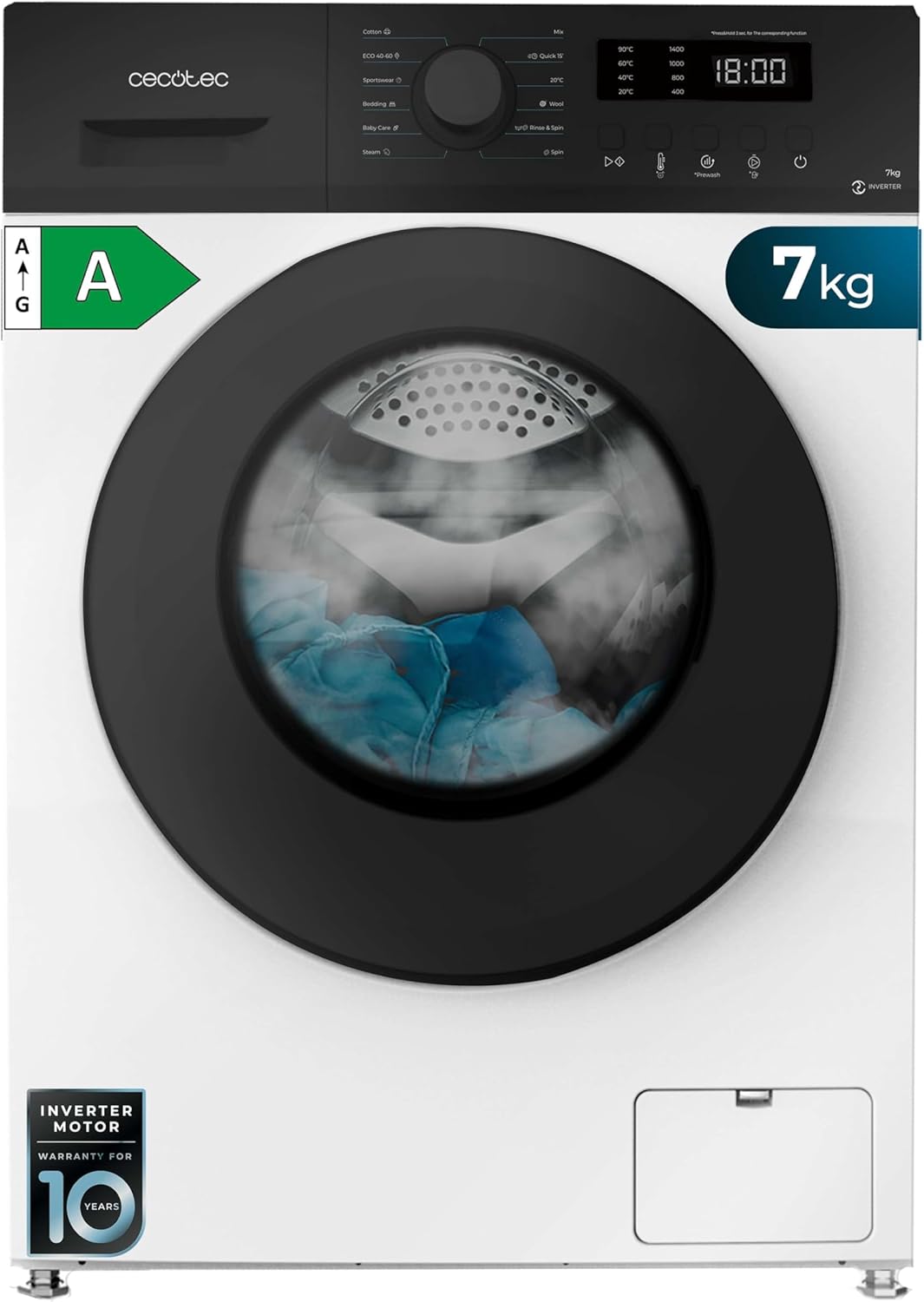 Cecotec Bolero Dresscode 7150 Inverter A Lavadora 7Kg 1400RPM - 12 Programas, SteamMax, Drum Clean, Delay Start, Child Lock, Blanca-Cottauphut