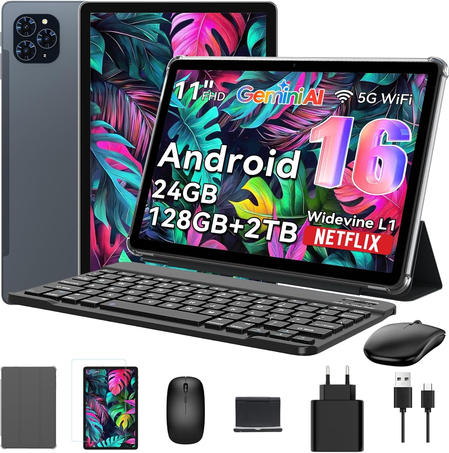 TABWEE Tablet 11" Android 16 con Gemini AI 24GB RAM 128GB 2TB TF 8000mAh 2 en 1 con Teclado y Lápiz Negra-Cottauphut