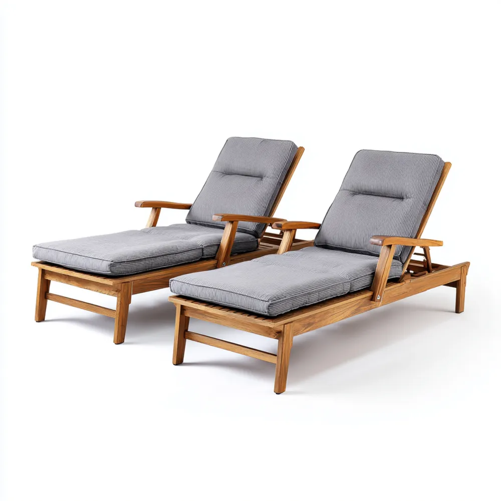 Transat de jardin en bois de teck avec coussins amovibles 200x60x35 cm – Gris