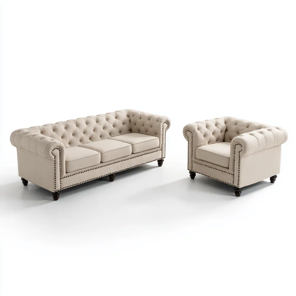 Set di Divani Chesterfield 220x85x75 cm e Poltrona 100x85x75 cm in Lino Beige - Design Classico