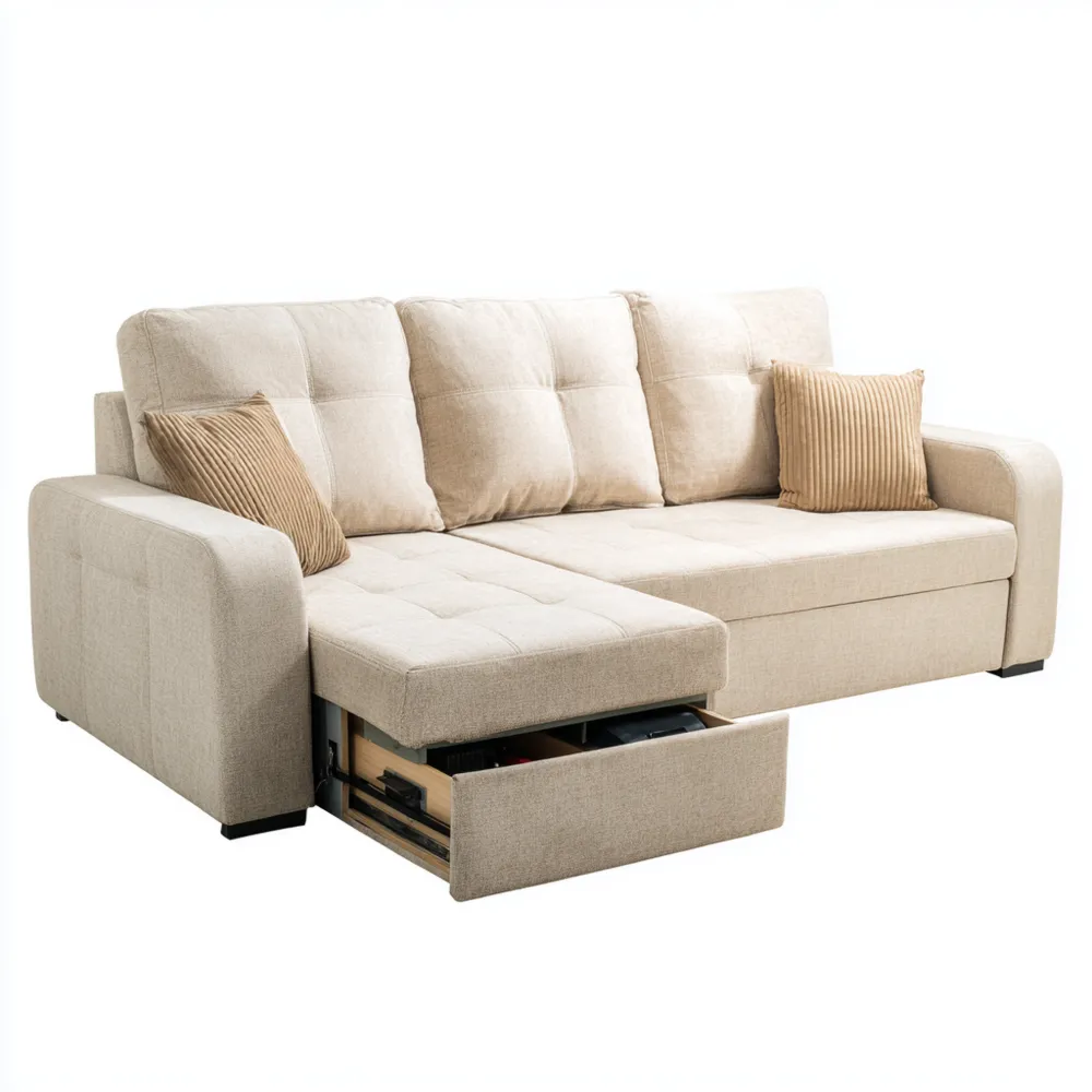 Divano angolare in tessuto 240x150x90 cm Beige con contenitore