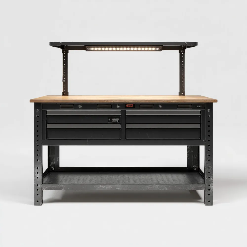 Banco da lavoro in metallo 150x60x95 cm con illuminazione - Nero/Legno
