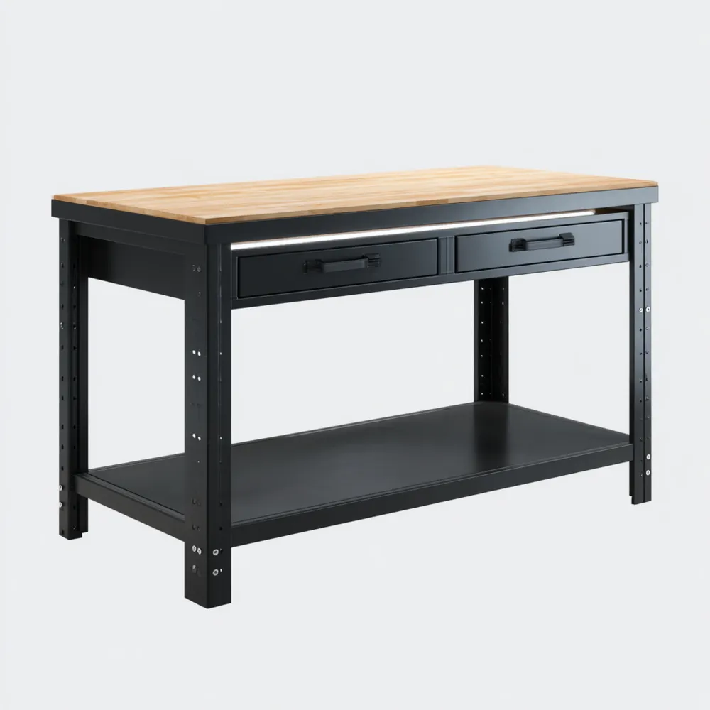 Banco da lavoro in metallo e legno con cassetti 120x60x90 cm - Nero/Naturale