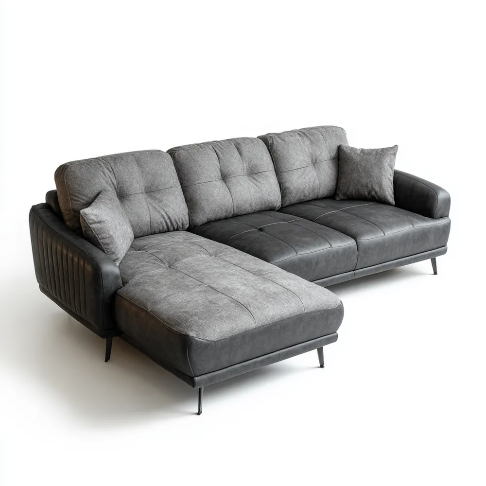 Divano angolare Tessuto e Pelle 280x160x80 cm – Grigio Scuro – Design Moderno