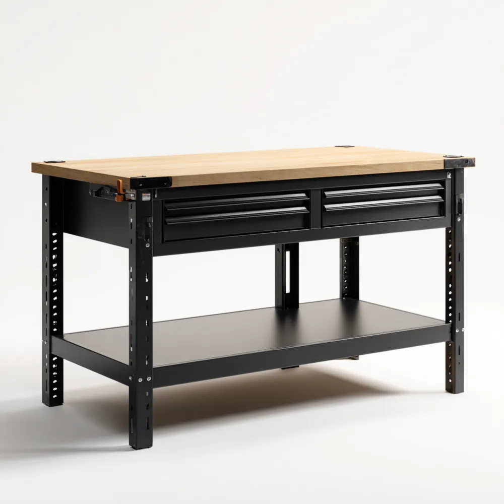 Banco da lavoro in metallo e legno 120x60x90 cm – Nero/Naturale – con cassetti