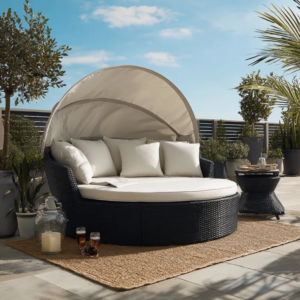 Lettino prendisole in rattan con baldacchino 200x200x150 cm - Bianco/Nero - Design moderno