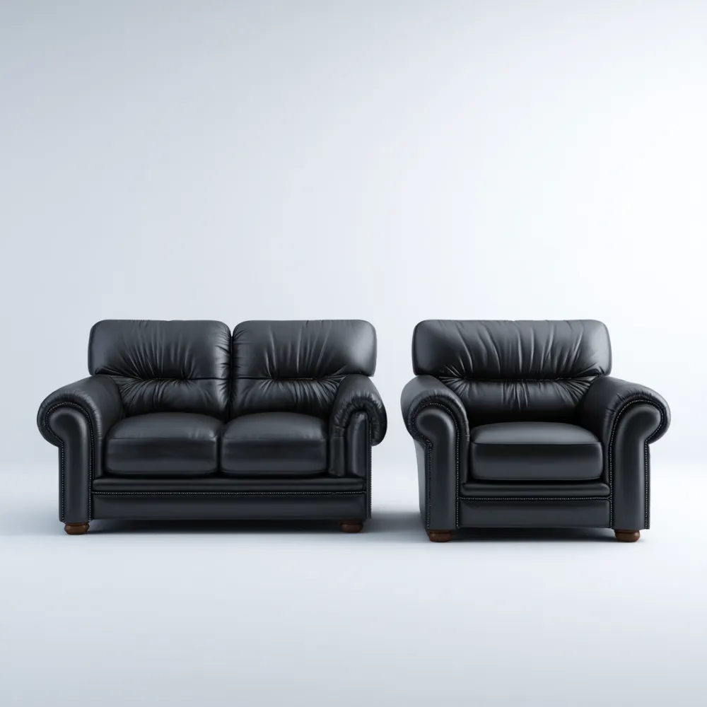 Set di divani in pelle Nero 150x85x90 cm - Design classico - 2 posti e poltrona 95x85x90 cm