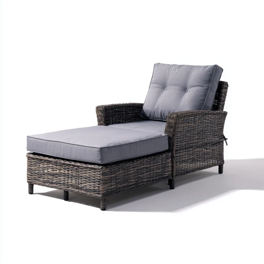 Lettino prendisole intrecciato in rattan 180x65x85 cm con cuscini Grigi - Design moderno