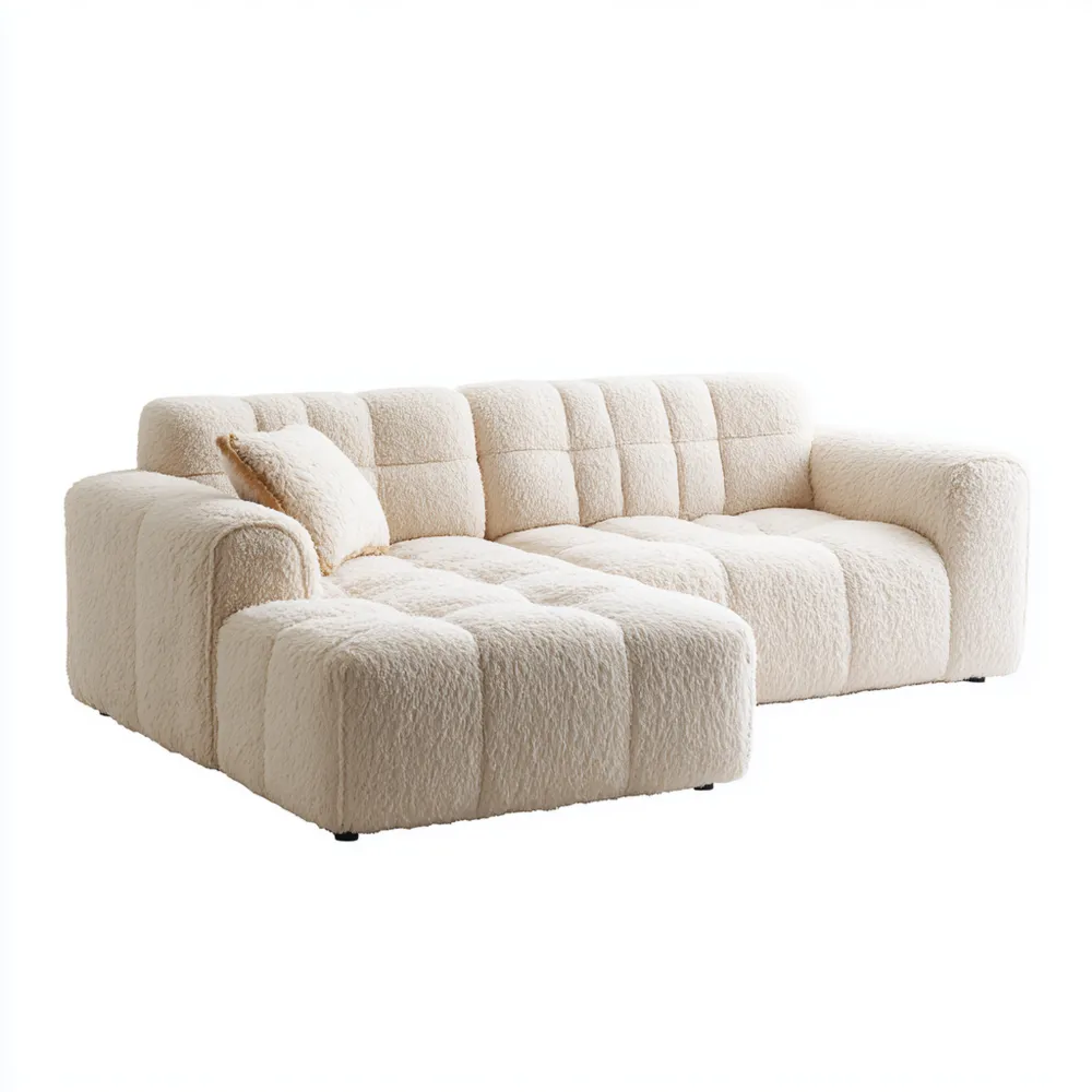 Divano angolare in tessuto morbido 250x150x85 cm – Bianco Crema – Design moderno