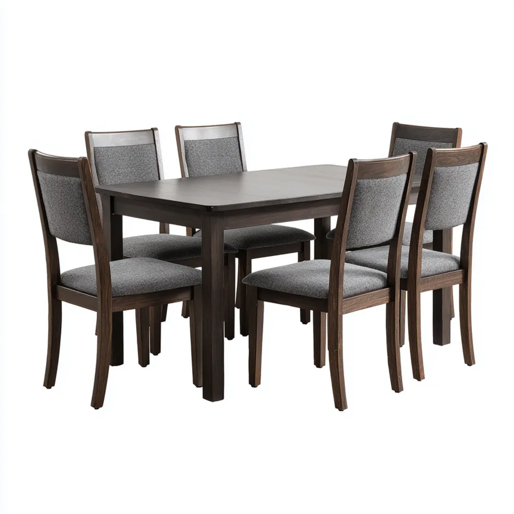 Ensemble table 150x90x75 cm et chaises 45x50x90 cm en bois Noir et tissu Gris - 6 places - Design classique