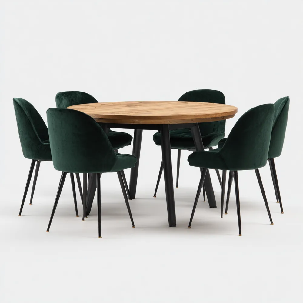 Ensemble table ronde en bois 120x120x75 cm et chaises en velours Vert foncé design moderne