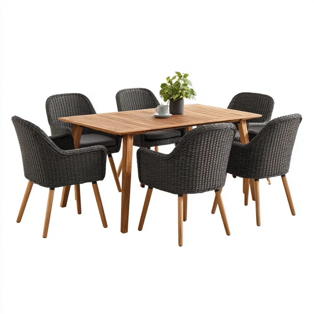 Ensemble de table et chaises de jardin en bois et rotin 150x90x75 cm - Gris - Design contemporain
