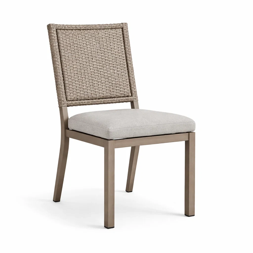 Sedia da pranzo in alluminio con seduta in tessuto e schienale in rattan sintetico grigio-URBANSOFAFIT