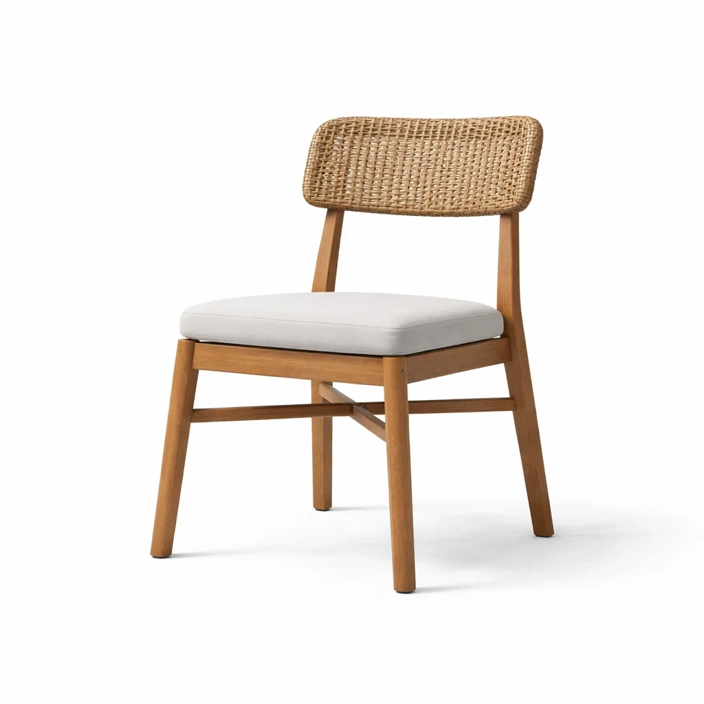 Sedia da pranzo in legno e vimini con seduta in tessuto bianco-URBANSOFAFIT