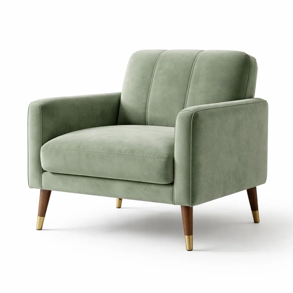 Poltrona in velluto verde con gambe in legno e dettagli in ottone-URBANSOFAFIT