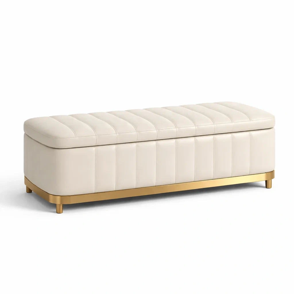 Panca contenitore in pelle sintetica beige con struttura in metallo-URBANSOFAFIT