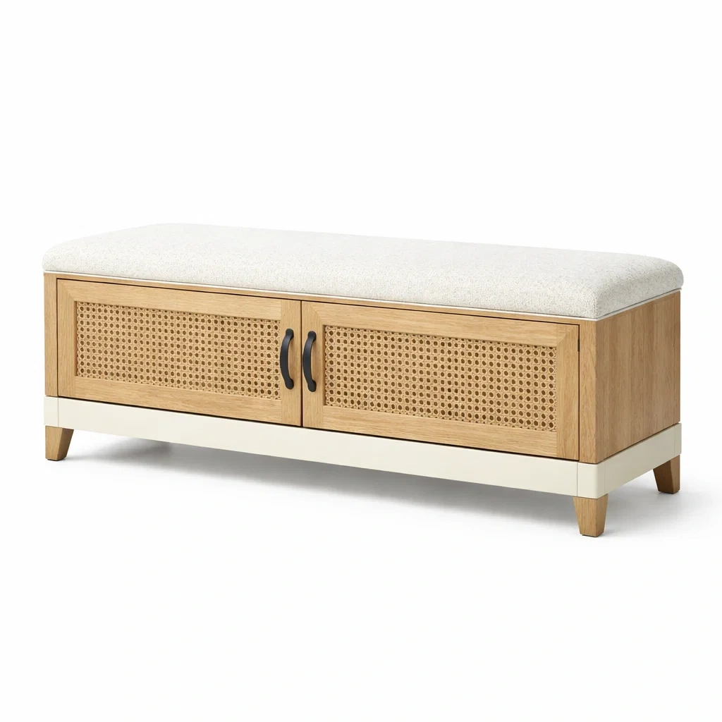 Panca contenitore in legno e rattan con rivestimento in tessuto dimensioni 120 x 40 x 50 cm-URBANSOFAFIT