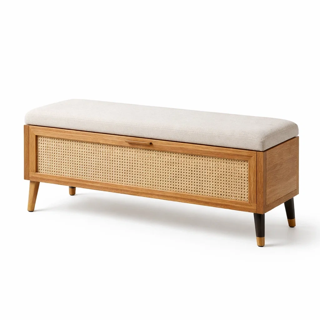 Panca contenitore in legno, tessuto beige e rattan dimensioni 100 x 40 x 45 cm-URBANSOFAFIT