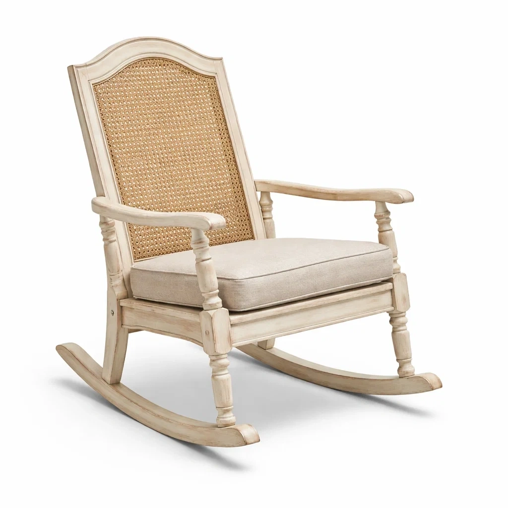Sedia a dondolo in legno con schienale in rattan e cuscino beige-URBANSOFAFIT
