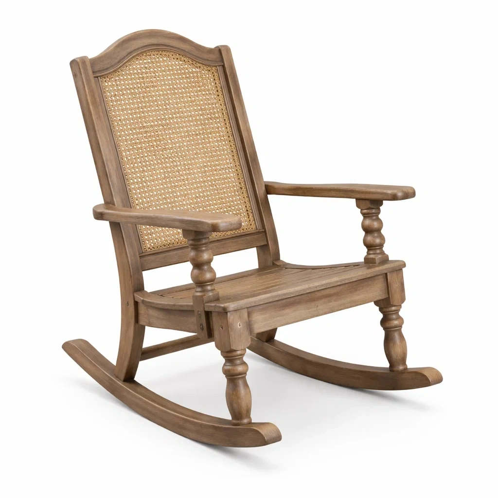 Sedia a dondolo in legno con schienale in rattan marrone-URBANSOFAFIT