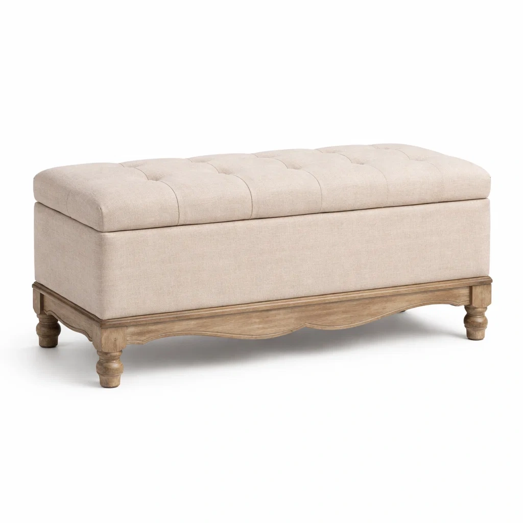 Panca contenitore in legno e lino beige dimensioni 120 x 45 x 50 cm-URBANSOFAFIT