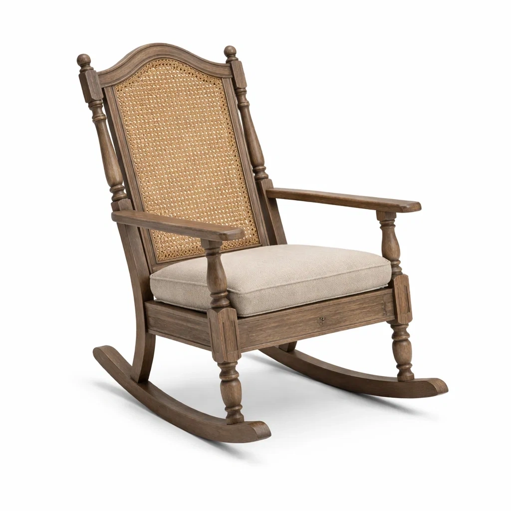 Sedia a dondolo in legno e rattan con cuscino in poliestere-URBANSOFAFIT