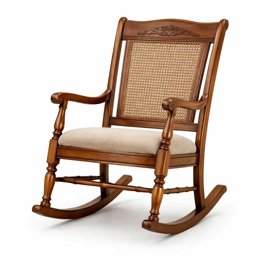 Sedia a dondolo in legno massello con schienale in paglia e seduta in tessuto beige-URBANSOFAFIT