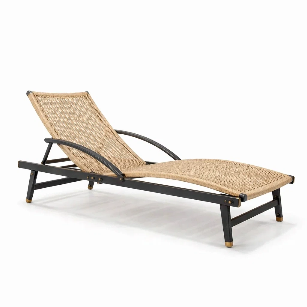 Sdraio prendisole da esterno regolabile in rattan sintetico naturale e nero-PLUSHSEATCRAFT