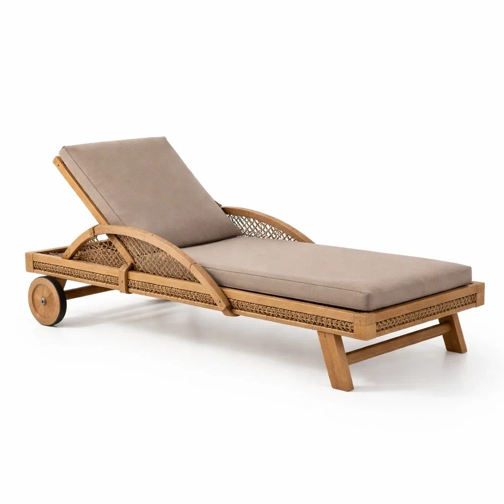 Sdraio prendisole in teak con cuscino regolabile beige-PLUSHSEATCRAFT