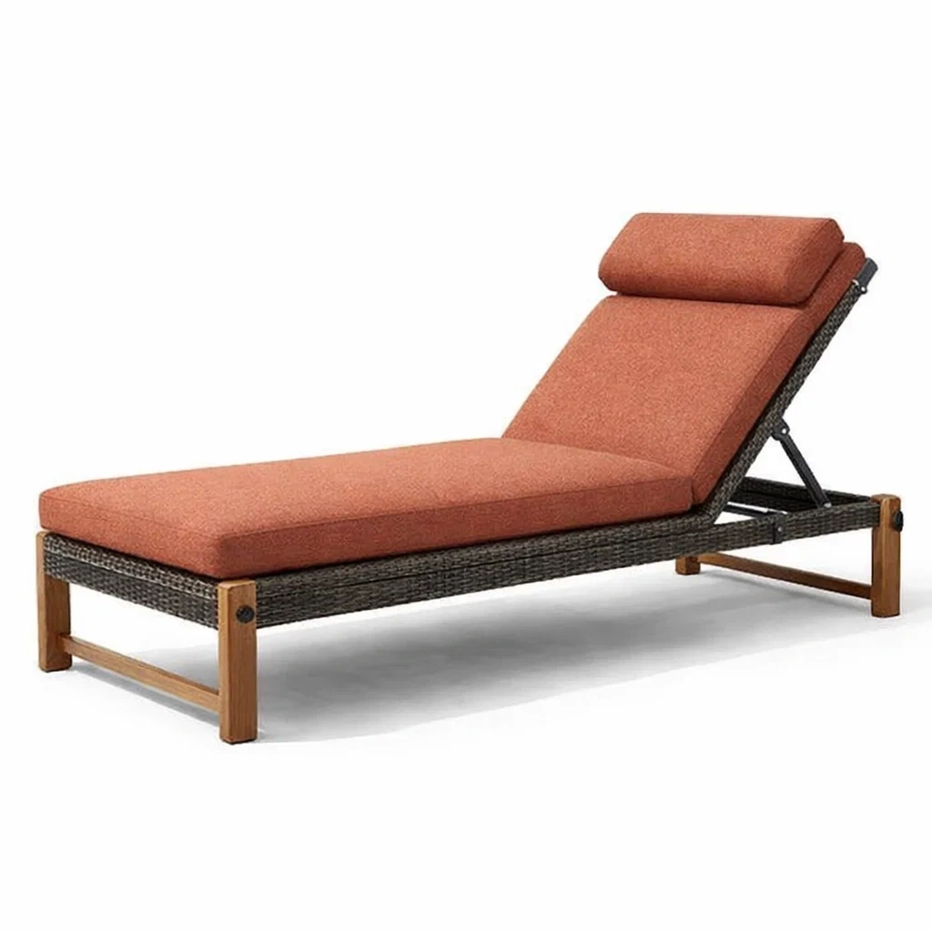 Sdraio prendisole in rattan sintetico e teak con rivestimento in poliestere arancione-PLUSHSEATCRAFT