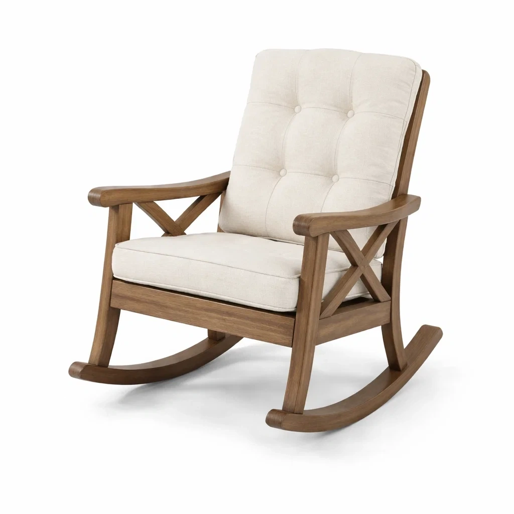 Sedia a dondolo in legno e tessuto beige-PLUSHSEATCRAFT