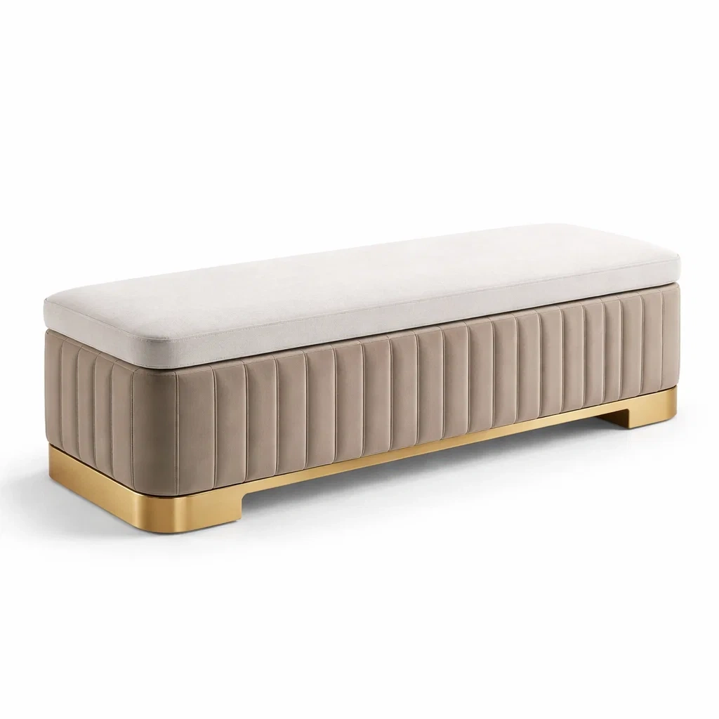 Panca imbottita rettangolare in velluto beige e metallo dorato-PLUSHSEATCRAFT