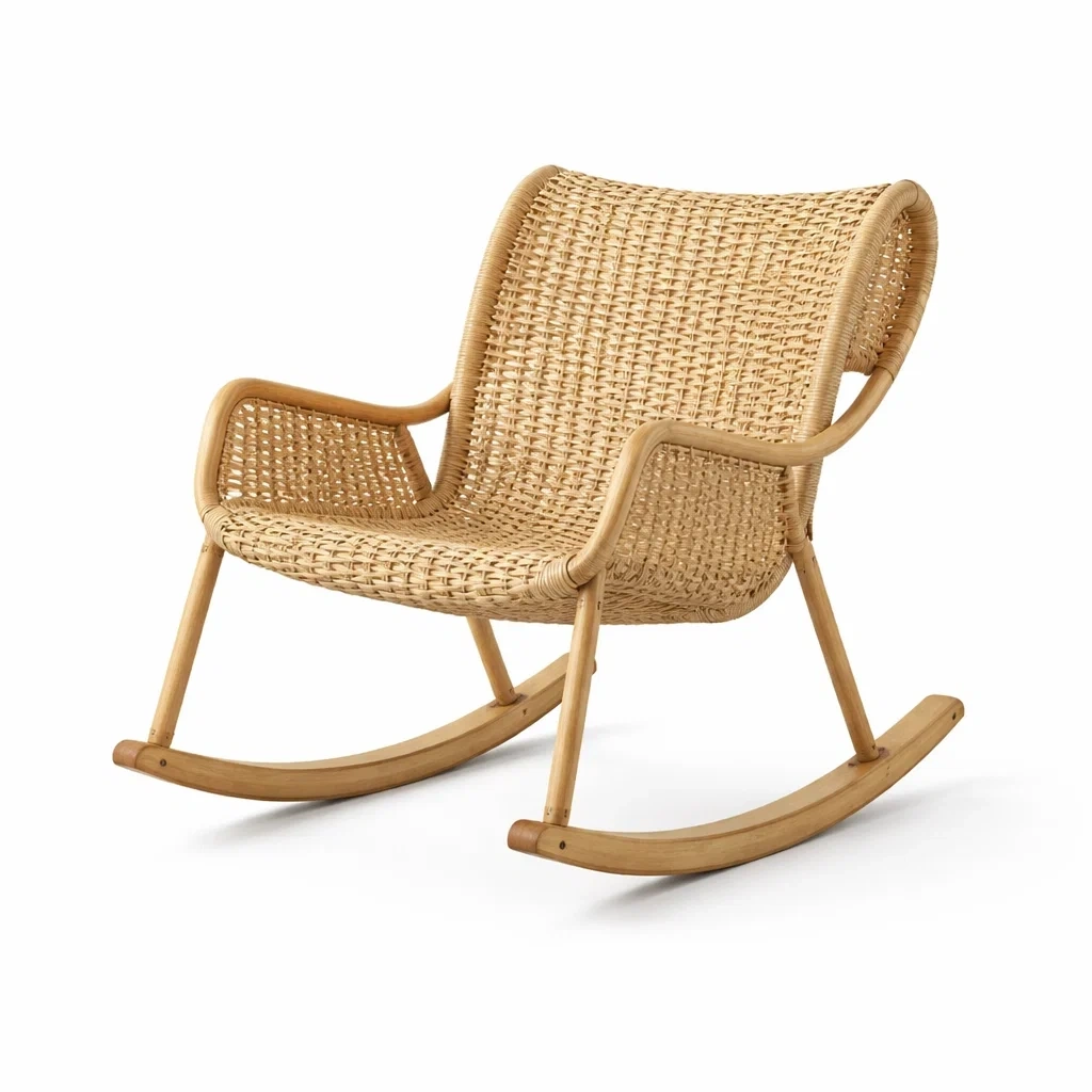 Sedia a dondolo in rattan con struttura in legno naturale-PLUSHSEATCRAFT