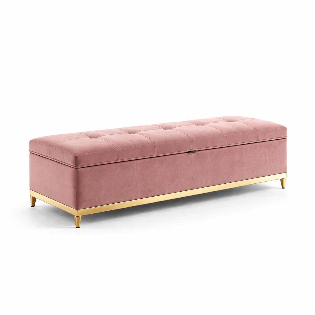 Panca in velluto rosa con base in metallo dorato dimensioni 140 x 45 x 42 cm-PLUSHSEATCRAFT
