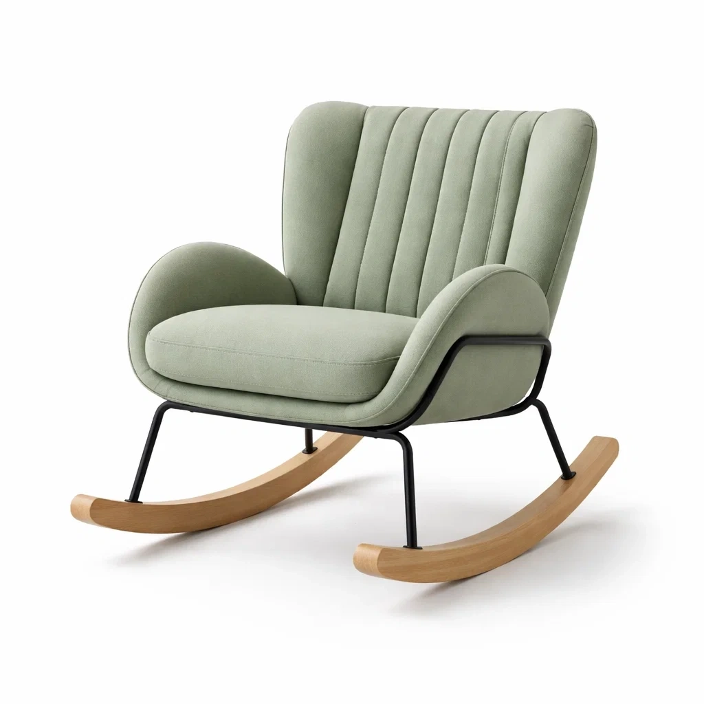 Sedia a dondolo in tessuto poliestere verde con struttura in metallo e legno-PLUSHSEATCRAFT
