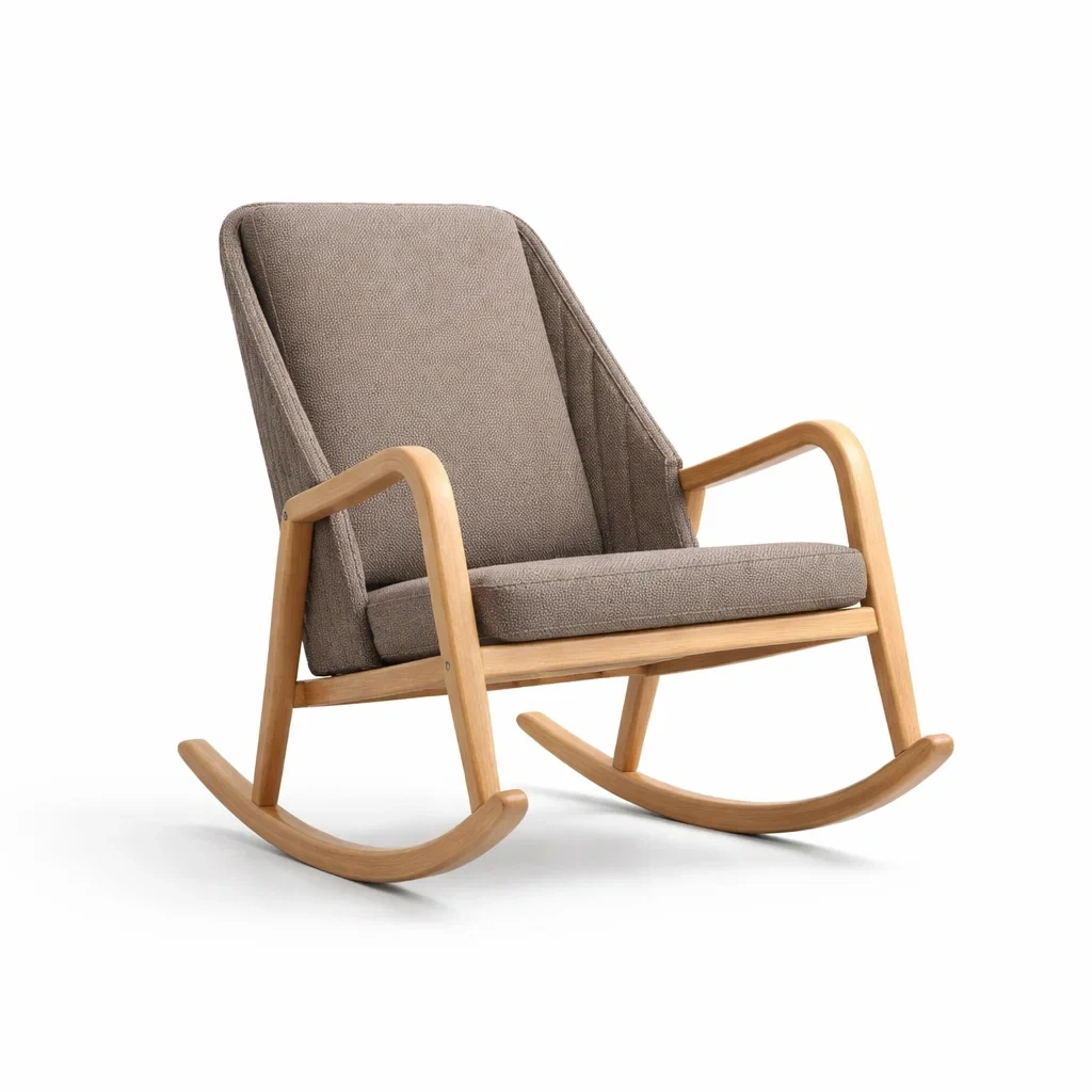 Sedia a dondolo in legno con rivestimento in tessuto poliestere marrone-PLUSHSEATCRAFT