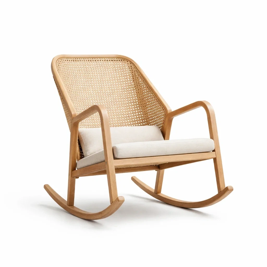 Sedia a dondolo in legno e rattan marrone chiaro-PLUSHSEATCRAFT