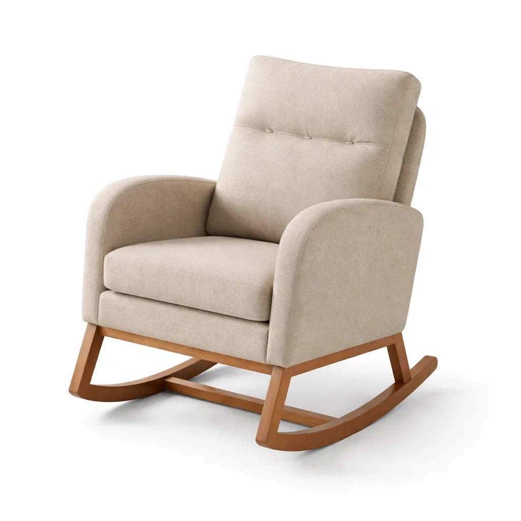 Sedia a dondolo imbottita beige in legno massello-PLUSHSEATCRAFT