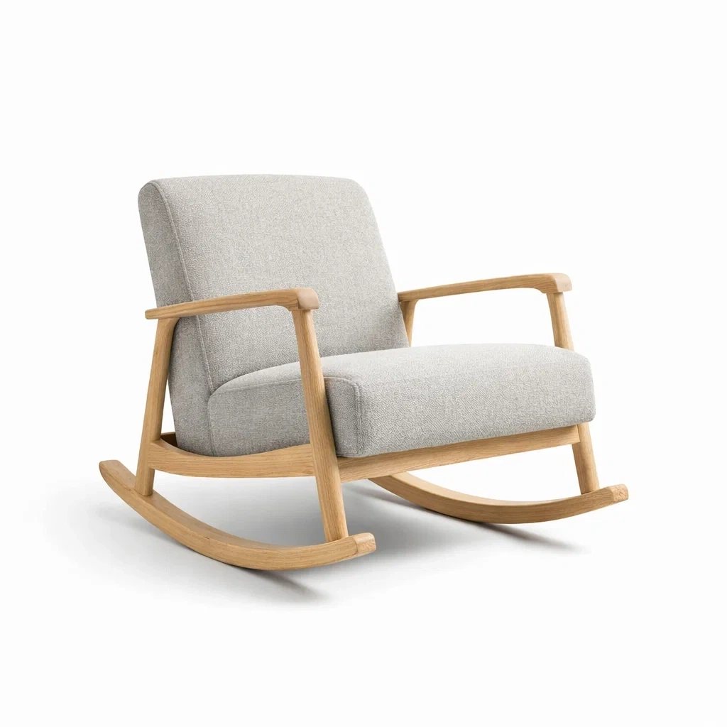 Sedia a dondolo in tessuto grigio con struttura in legno-PLUSHSEATCRAFT