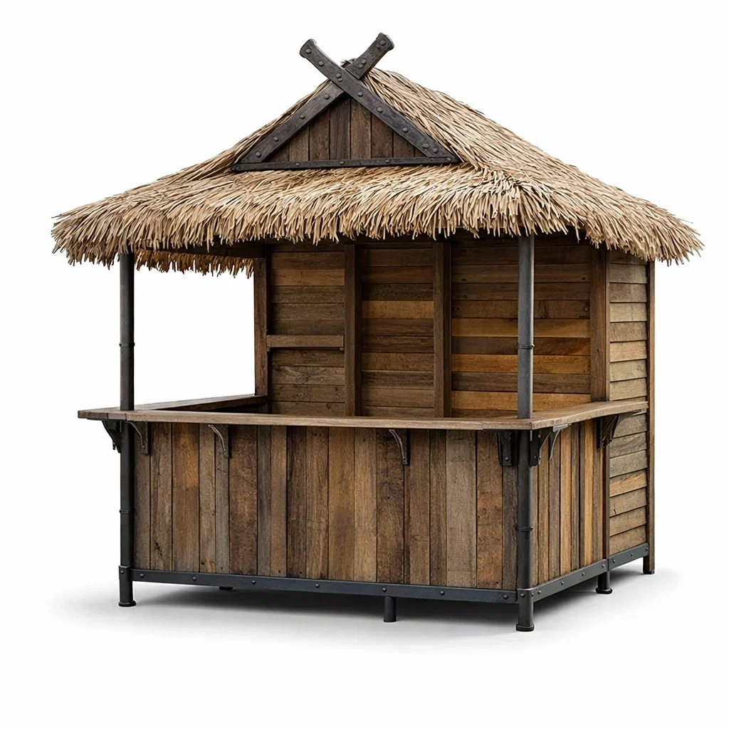 Padiglione bar in legno con struttura in metallo e tetto in paglia-PLUSHSEATCRAFT