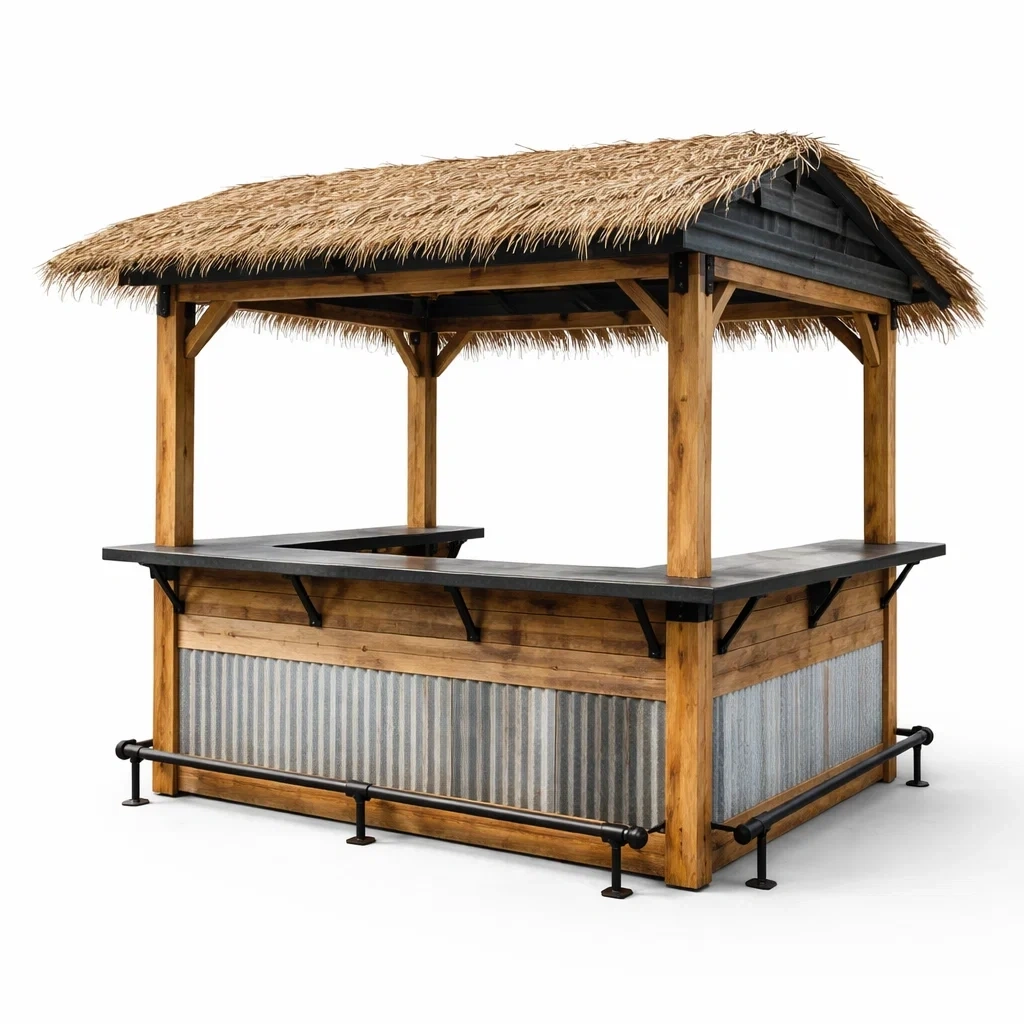Padiglione bar in legno e acciaio con tetto in paglia per esterni-PLUSHSEATCRAFT