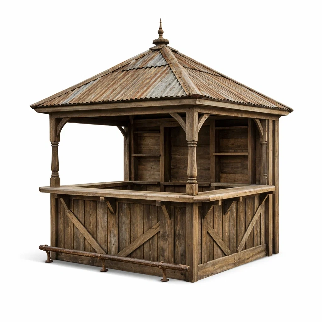 Padiglione bar con struttura in legno massello e tetto in lamiera ondulata-PLUSHSEATCRAFT