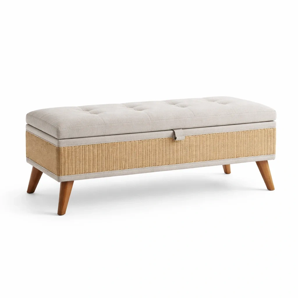 Panca contenitore in tessuto poliestere beige e rattan con gambe in legno dimensioni 120 cm-PLUSHSEATCRAFT