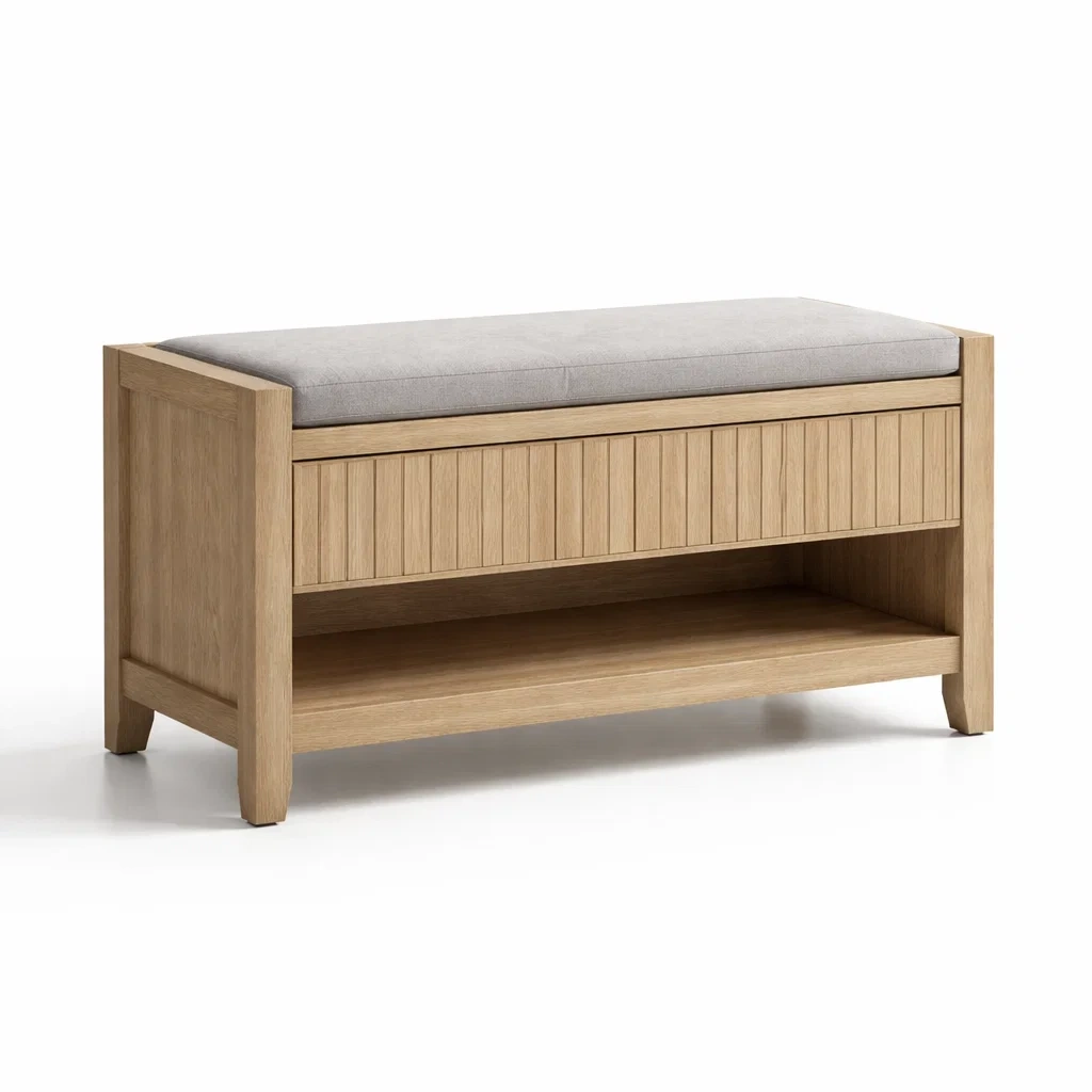 Panca contenitore in legno di rovere con cuscino in poliestere grigio-PLUSHSEATCRAFT