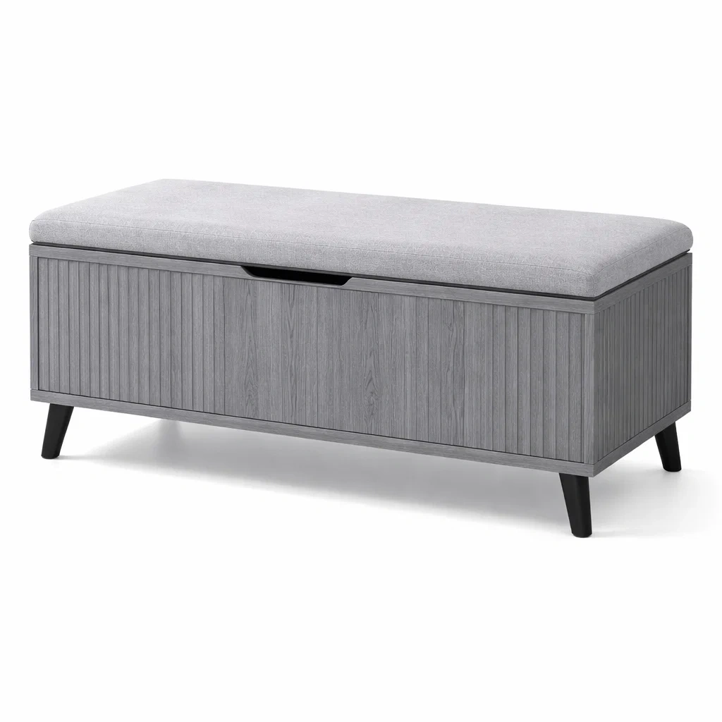 Panchetta contenitore in tessuto poliestere e legno grigio dimensioni 120 x 40 x 45 cm-PLUSHSEATCRAFT